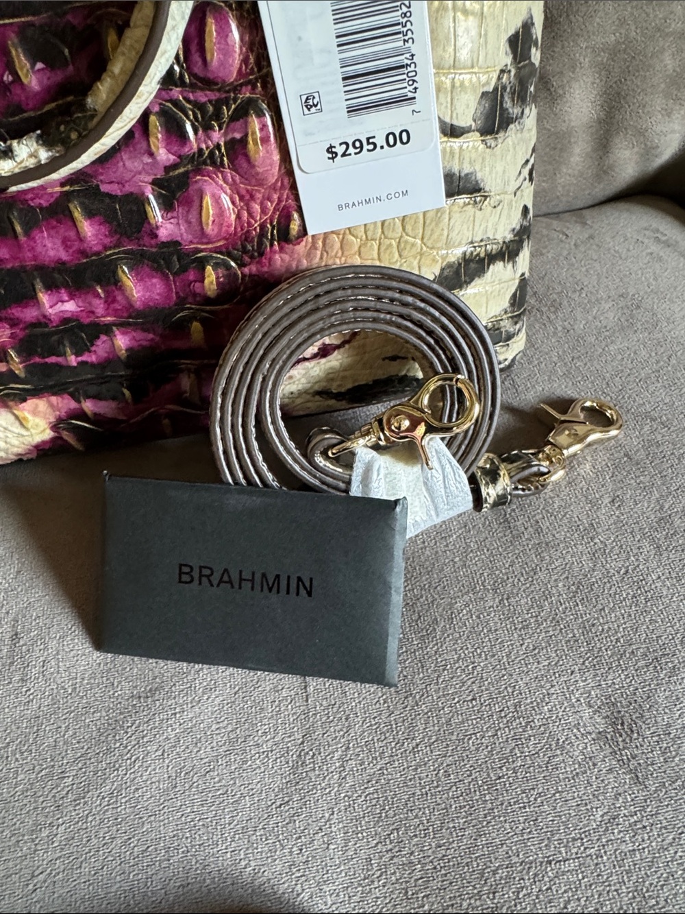 Brahmin Ivory, Black & Magenta Embossed Satchel with Wallet - Picture 5 of 7
